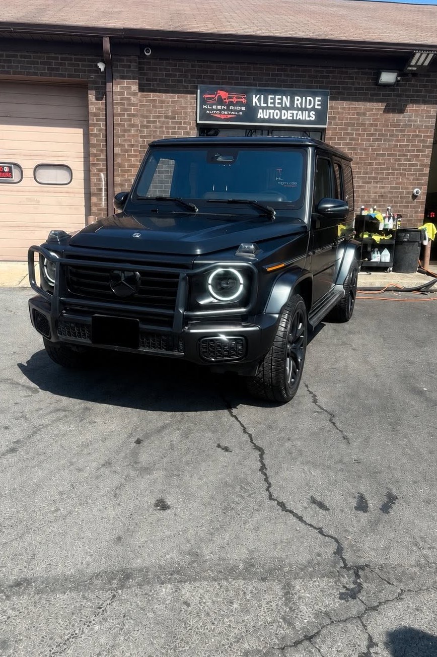 Front view of a matte black Mercedes G-Class freshly hand-washed at Kleen Ride in Waldorf